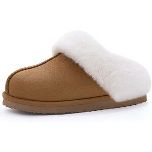 Women Fluffy Memory Foam Suede Slippers With Faux Fur Collar Indoor And Outdoor